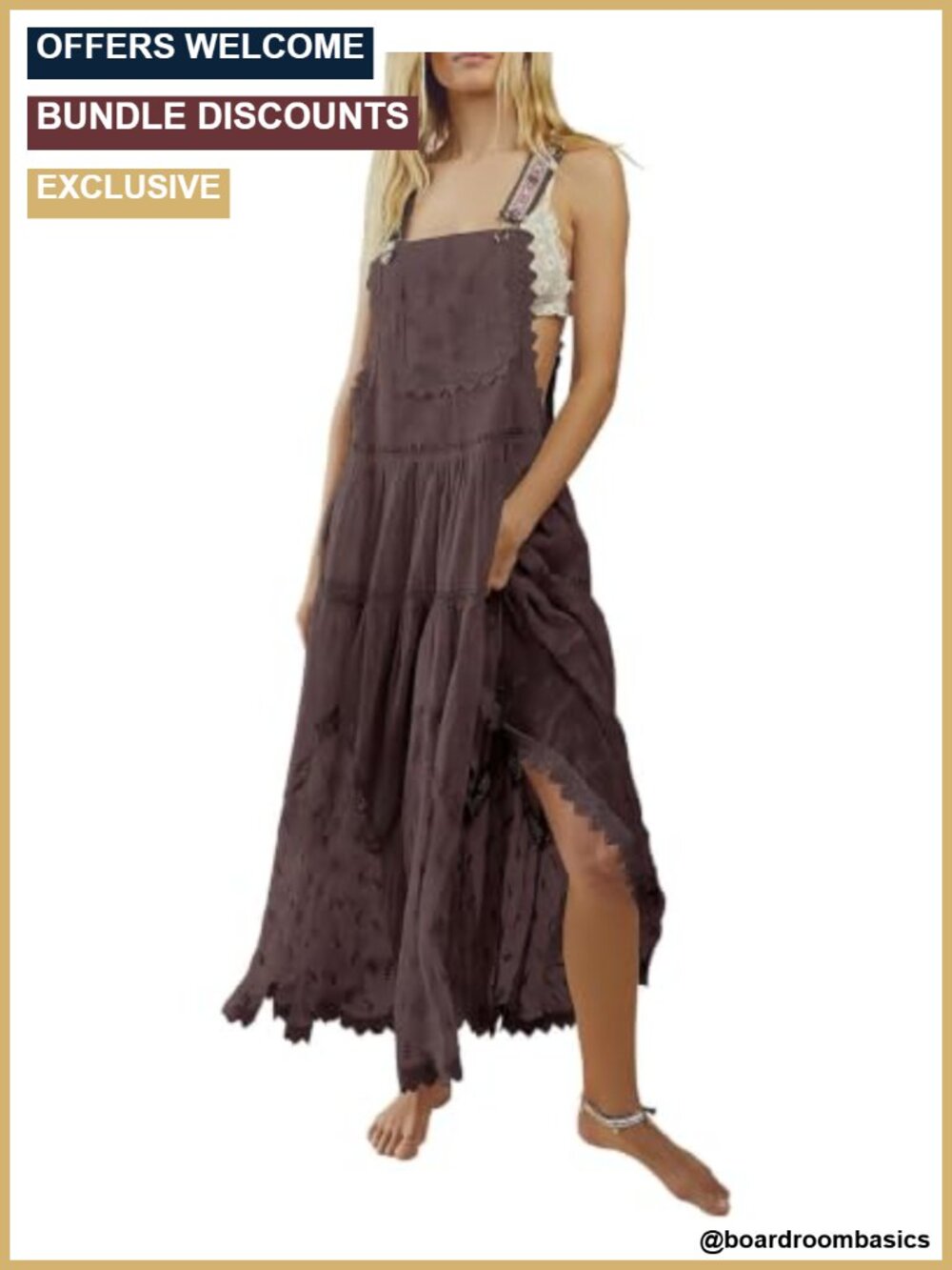 Women's Lace Embroidered Tulle Bib Maxi Dress Adjustable Straps